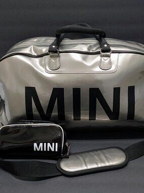 Mini Cooper Silver Shiny Patent Duffel Overnight Tote Weekender Bag & Makeup Bag